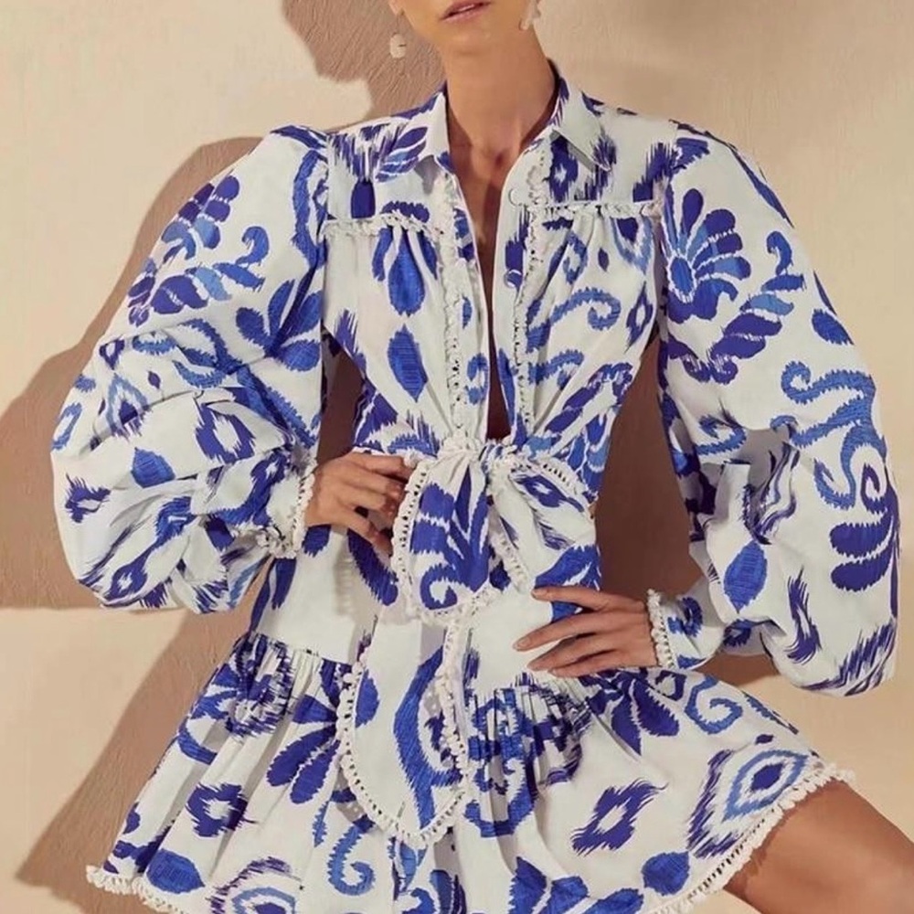 Blue Floral Tie-Front Mini Dress with Puff Sleeves